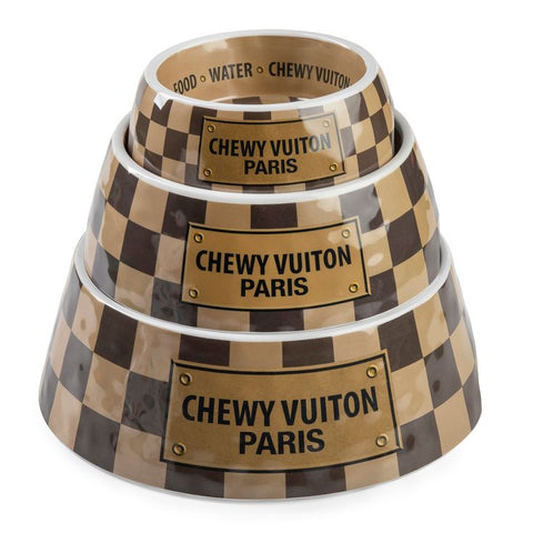 Checker Chewy Vuiton Bowl - 3 Sizes!! Dog Bowls - The Mane Dealer